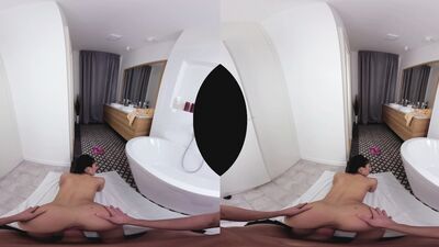 VR cowgirl riding performance by a dazzling and busty brunette minx
