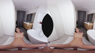 VR cowgirl riding performance by a dazzling and busty brunette minx