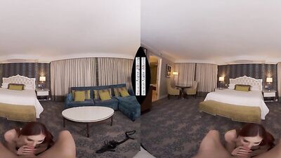 POV big tits redhead in black stockings provides a perfect VR sex experience