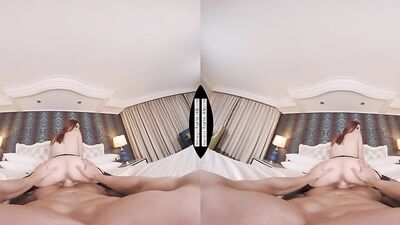 POV big tits redhead in black stockings provides a perfect VR sex experience