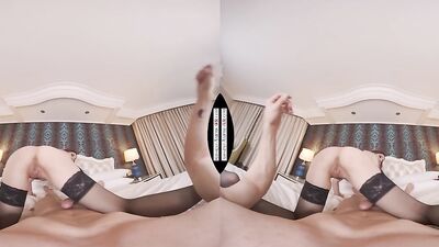 POV big tits redhead in black stockings provides a perfect VR sex experience