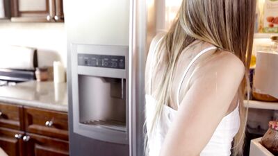 Blonde stepsister is aggressive and rides her horny submissive brother in the kitchen