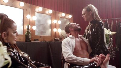Latex wearing babes have an intense threesome riding on lover's stiff cock