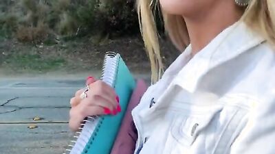 Alluring blonde teen babe flashes her body and rides on a huge cock