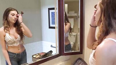 Teen brunette gets ready for a night out and sucks off her horny naked lover