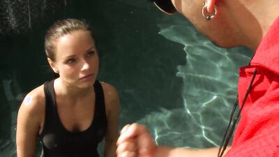 Amazing beauty with a perfect body sucking dick in public by the pool