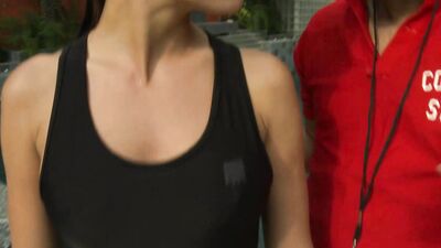 Amazing beauty with a perfect body sucking dick in public by the pool