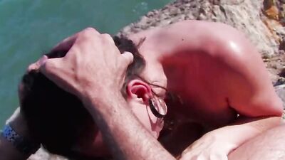 Two beautiful brunette babes fucked by a lucky guy in nature