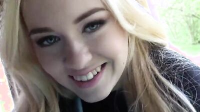 Slutty schoolgirl rides cock in the woods and sucks it clean