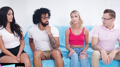 Horny teens swap their stepbrothers for hardcore foursome cock riding