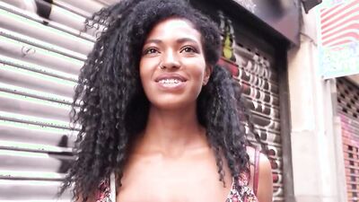 Curly-haired black woman sucks a white pecker and gets fucked hard