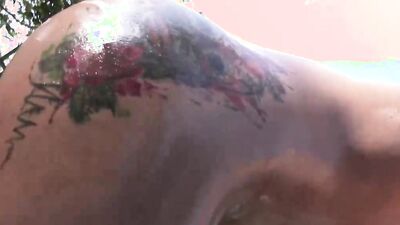 Inked blonde babe Bruna Lambertini is being fucked on the couch