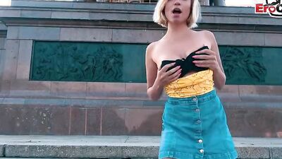 Blonde girl sucks a cock on the balcony and gets fucked