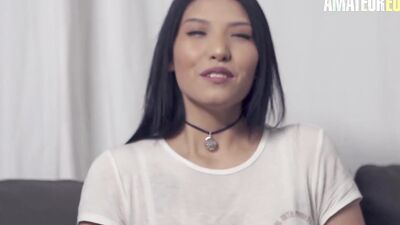 Brunette sucks a thick cock and rides it at porn casting