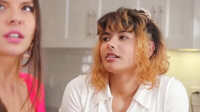 Oiled-up babes are strap-on fucking in lesbian 3some scene