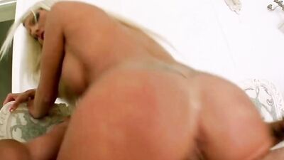 Blonde's shaved pussy is filled with hard cock to the balls