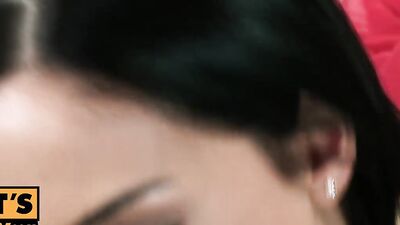Lovely brunette grabs a thick cock and sucks it in POV video