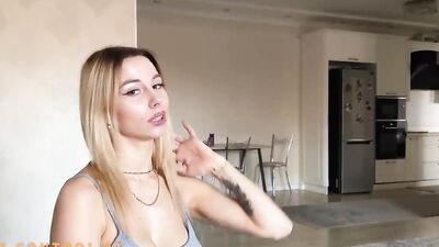 Sweet busty blonde gets naked and rides a hard pecker