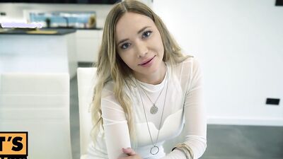 Blue-eyed babe sucks hard cock and takes it from behind