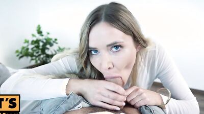 Blue-eyed babe sucks hard cock and takes it from behind