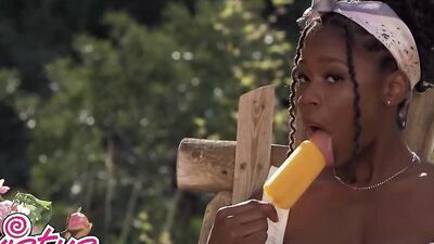 Elastic ebony girl Hazel Grace is putting fingers inside her wet vulva
