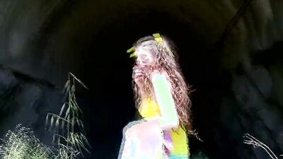 Curly brunette with pigtails is getting whacked in the nature