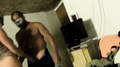 Beautiful blonde MILF with blindfold gets screwed by two guys