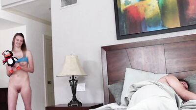 Horny stepdad is bonking his naughty stepdaughter on the bed