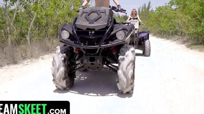 Two blonde hotties are being fucked on a dirty quad car