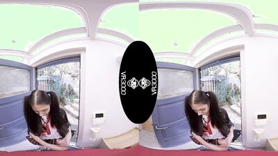 Brunette amateur with pigtails Rebecca is filming a VR sex video
