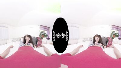 Brunette amateur with pigtails Rebecca is filming a VR sex video