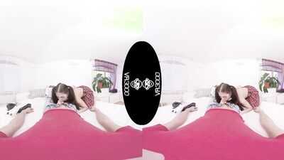 Brunette amateur with pigtails Rebecca is filming a VR sex video
