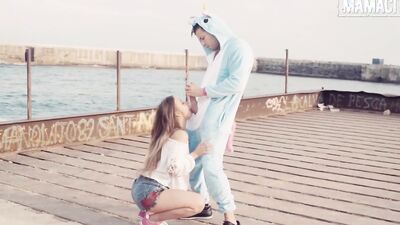 Kinky teen Taylor Sands gets bonked by a mascot at the dock
