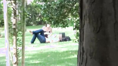 Skinny brunette is seducing random guys in a public place
