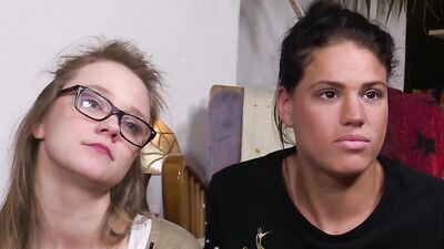 Tanned and pale lesbians are licking each other's tight pussies
