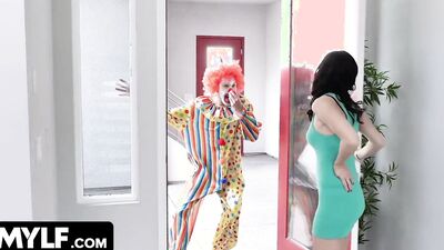 Naughty babe gets her tight hole filed with a clown's prick
