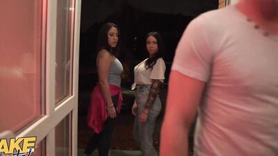 Two gorgeous Latinas are enjoying in a 3soem with a stranger