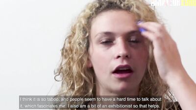Curly haired babe is getting bonked on the couch by a stranger