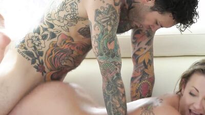 Adira Allure gets shagged on the couch by her tattooed boyfriend