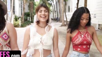 Naughty chicks are sharing hard dong in interracial hot 4some