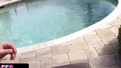 Slutty chicks are sharing hard schlong next to the swimming pool