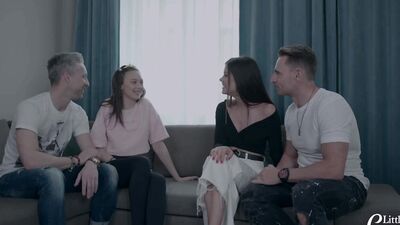 Two naughty babes are getting fucked in a hardcore 4some