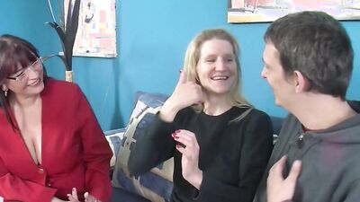 Two European matures are sharing lucky teen's willy in 3some