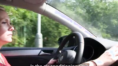 Perverted European blonde is eating some puss inside the car