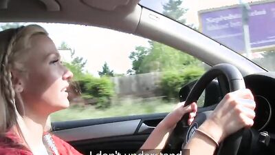 Perverted European blonde is eating some puss inside the car