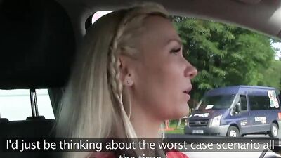 Perverted European blonde is eating some puss inside the car