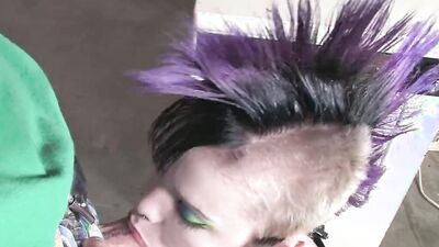 Punk babe in fishnet pantyhose enjoys face fucking before