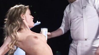 Brunette gets fucked in the ass while being covered in milk