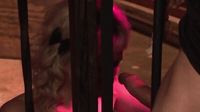 Blonde in the dungeon gets her pussy fucked for some KFC