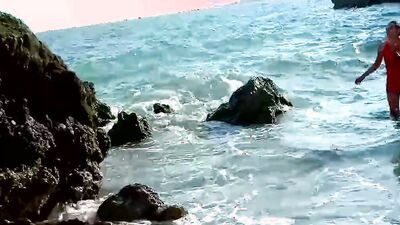 Small titted German girl loves having sex on the beach